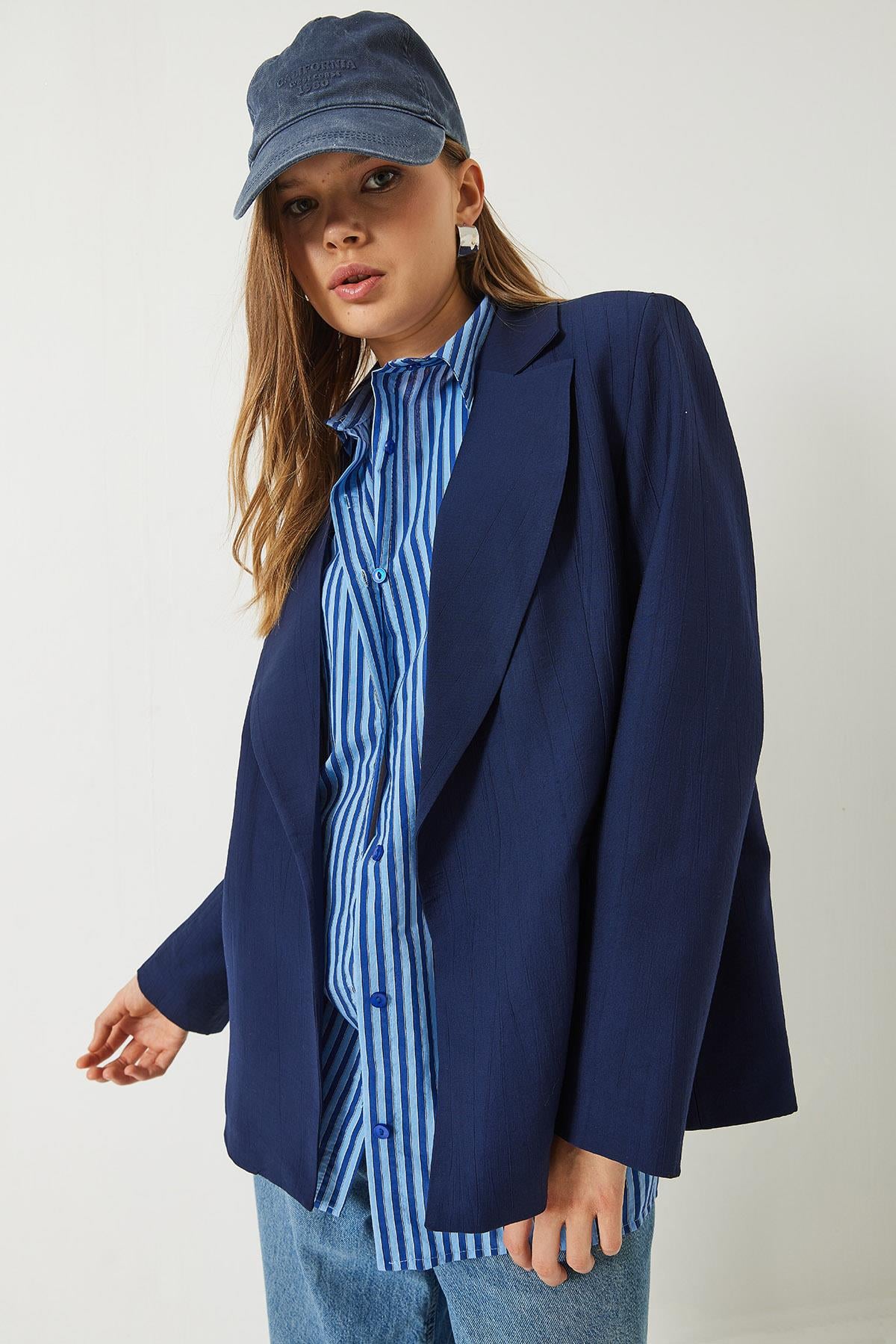 Vatkalı Astarı Çizgili Çilek Kumaş Blazer Ceket 50178 60283002 - Lacivert