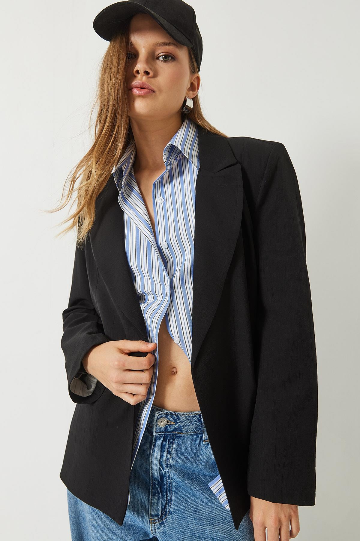 Vatkalı Astarı Çizgili Çilek Kumaş Blazer Ceket 50178 60283002 - Siyah