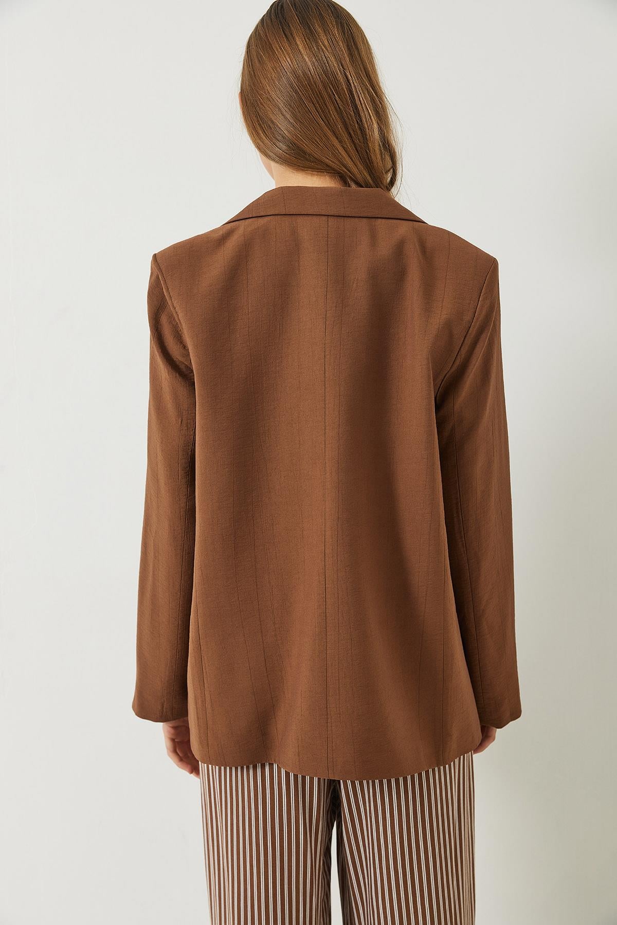 Vatkalı Astarı Çizgili Çilek Kumaş Blazer Ceket 50178 60283002 - Taba