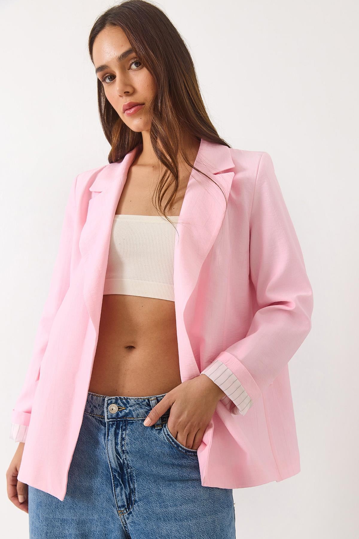 Vatkalı Astarı Çizgili Çilek Kumaş Blazer Ceket 50178 60283002 - Pudra