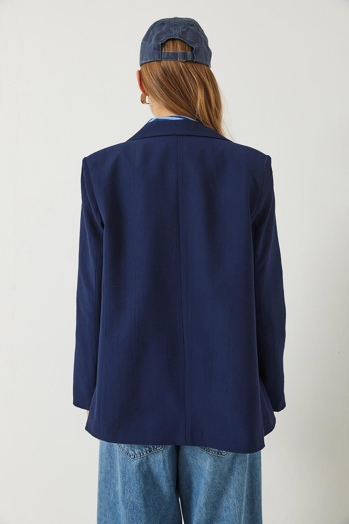 Vatkalı Astarı Çizgili Çilek Kumaş Blazer Ceket 50178 60283002 - Lacivert