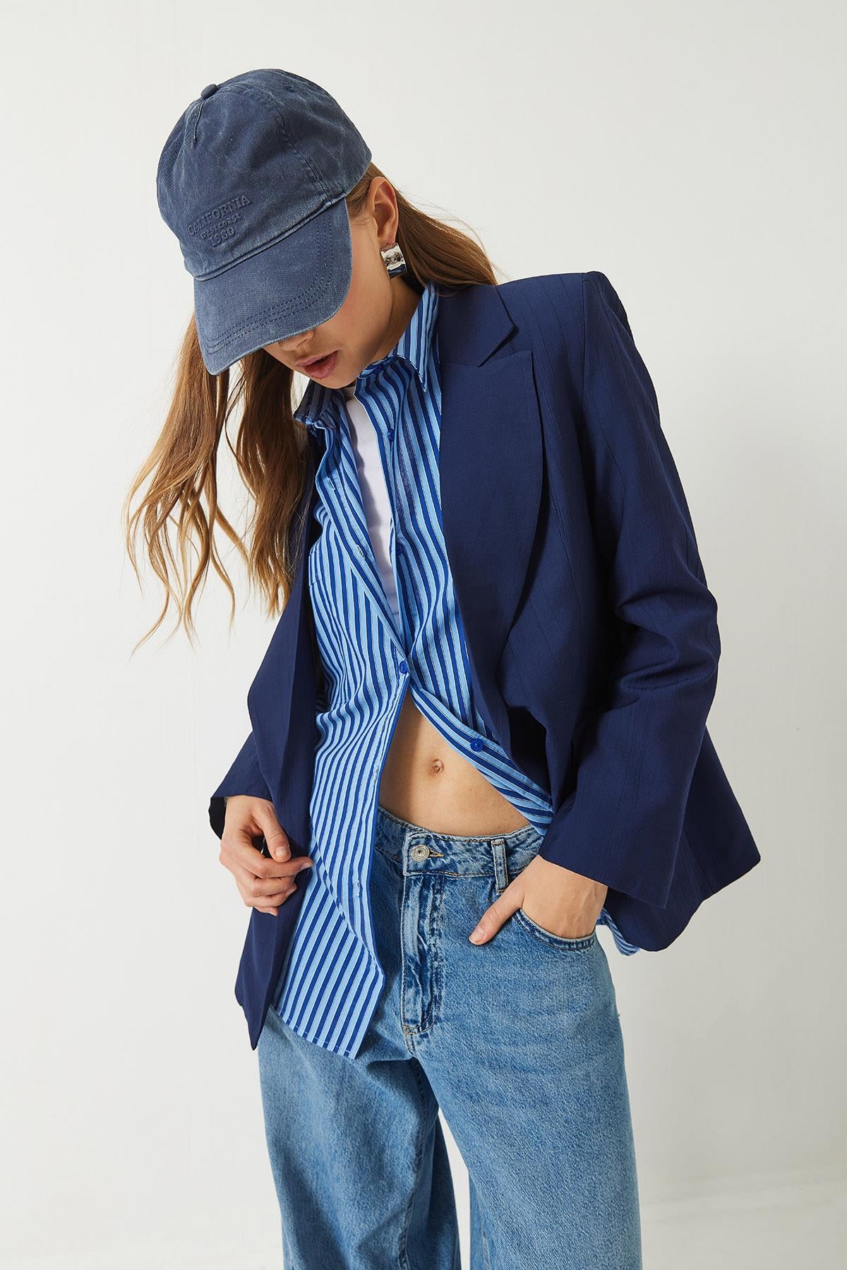 Vatkalı Astarı Çizgili Çilek Kumaş Blazer Ceket 50178 60283002 - Lacivert