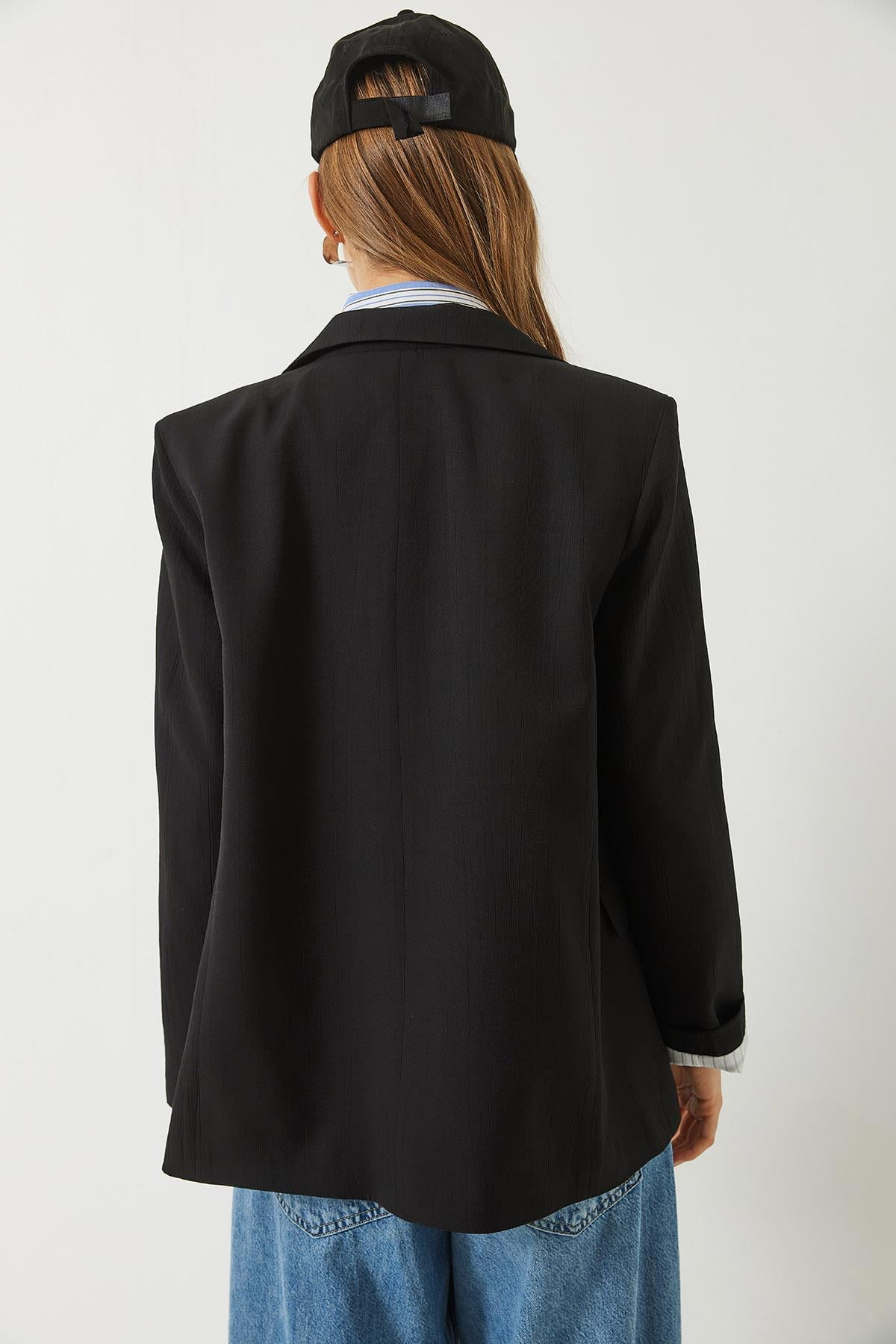 Vatkalı Astarı Çizgili Çilek Kumaş Blazer Ceket 50178 60283002 - Siyah