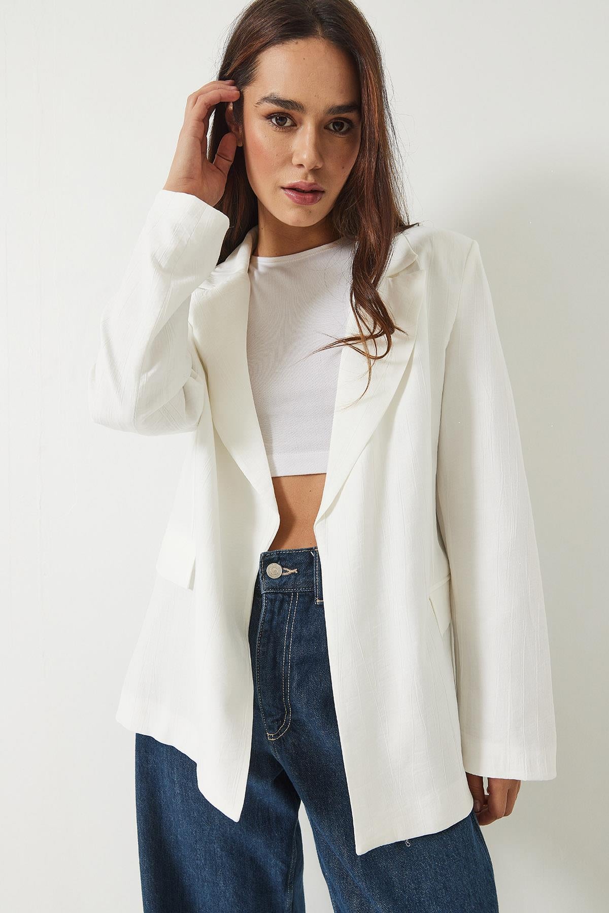 Vatkalı Astarı Çizgili Çilek Kumaş Blazer Ceket 50178 60283002 - Ekru