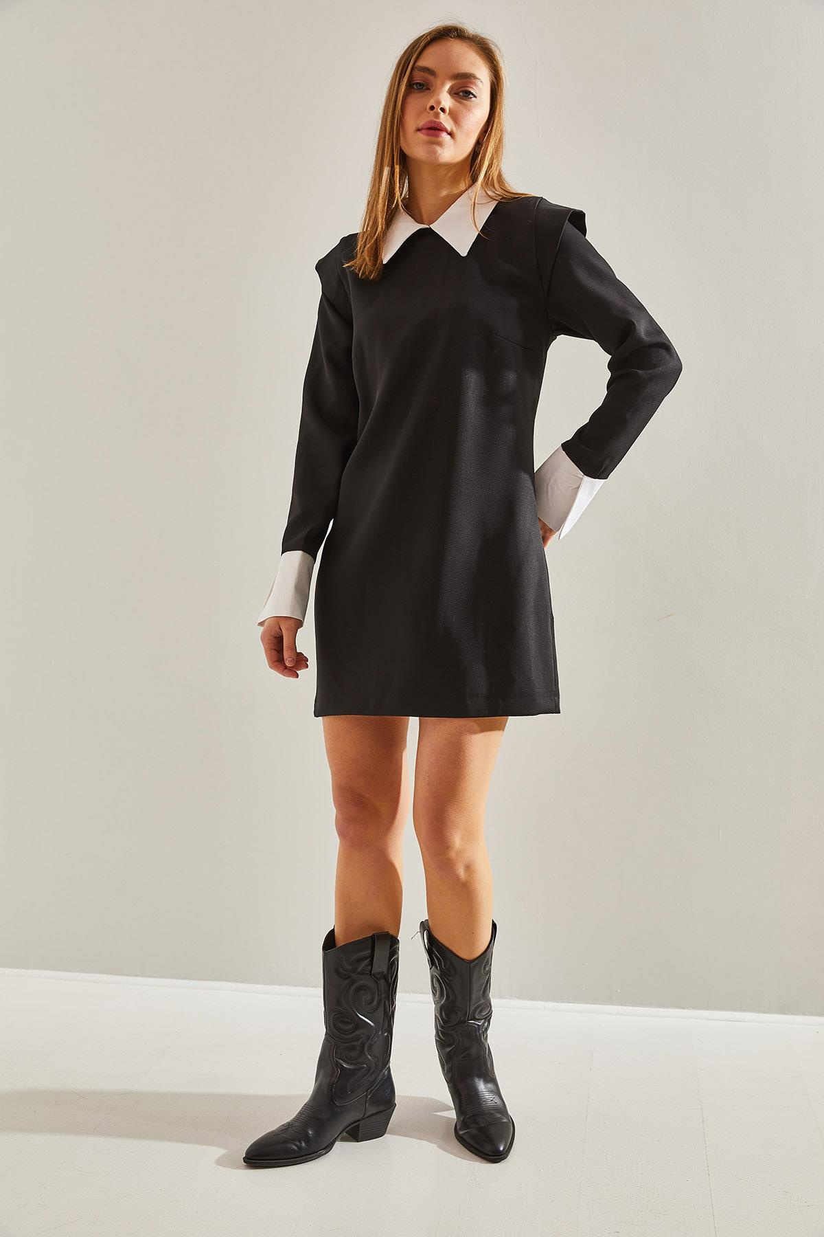 Yaka ve Kol Detaylı Scuba Kumaş Elbise - Siyah ELBİSE modelleri