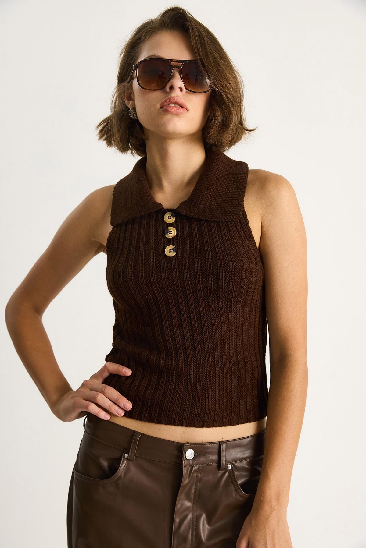 Yakalı Fitilli Yazlık Triko Bluz 20246867 - Acı Kahve BLUZ modelleri