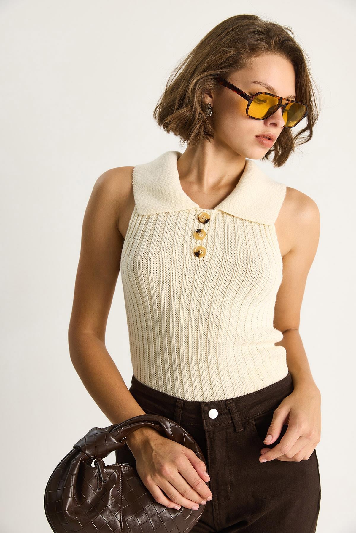 Yakalı Fitilli Yazlık Triko Bluz 20246867 - Ekru BLUZ modelleri