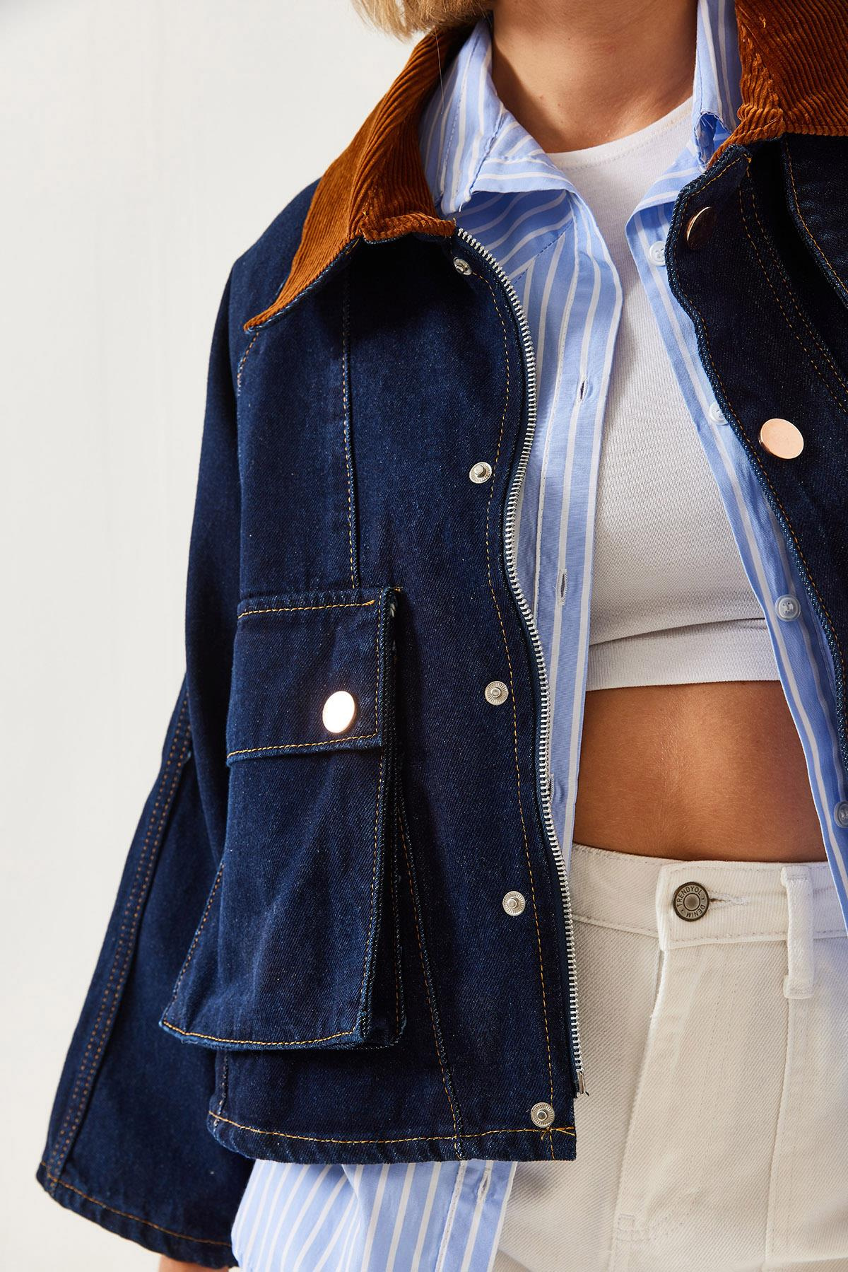Yakası Kadife Detaylı Denim Ceket 6051 60351228 - İndigo