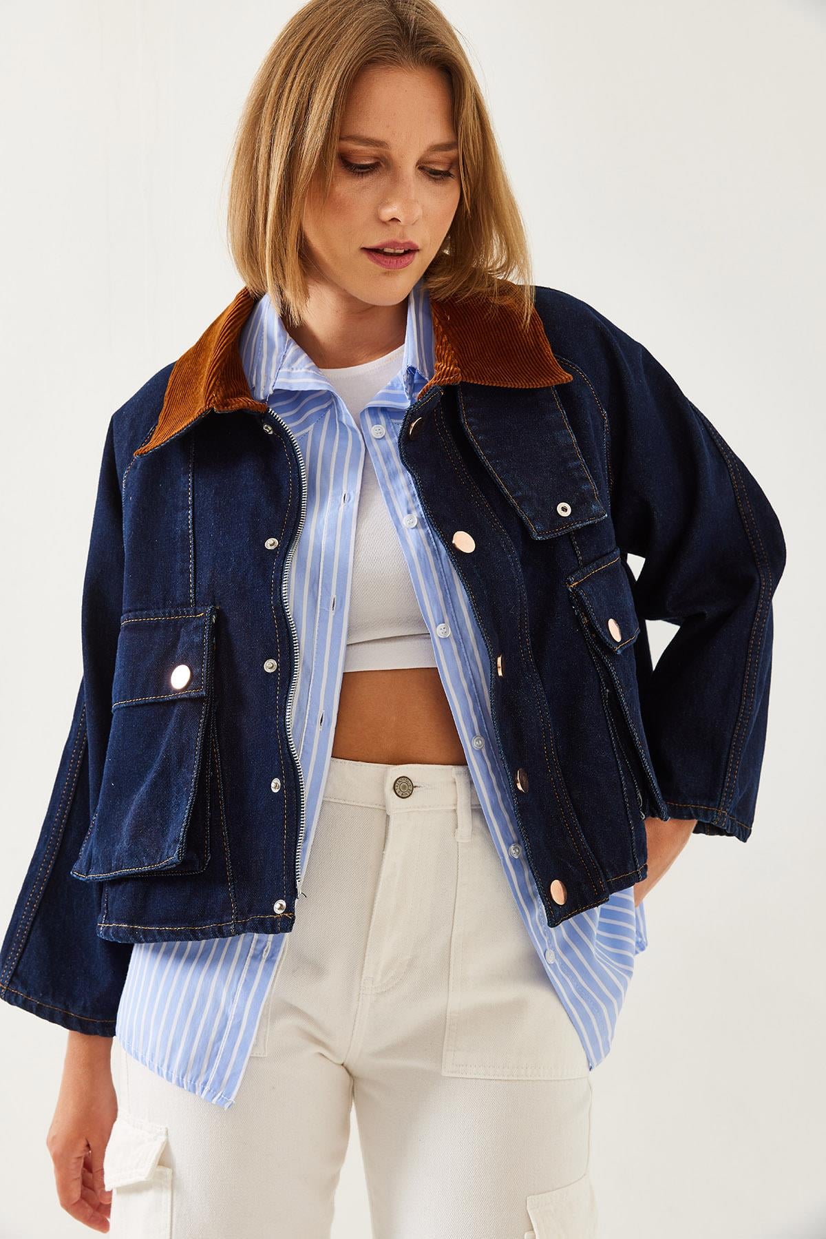 Yakası Kadife Detaylı Denim Ceket 6051 60351228 - İndigo