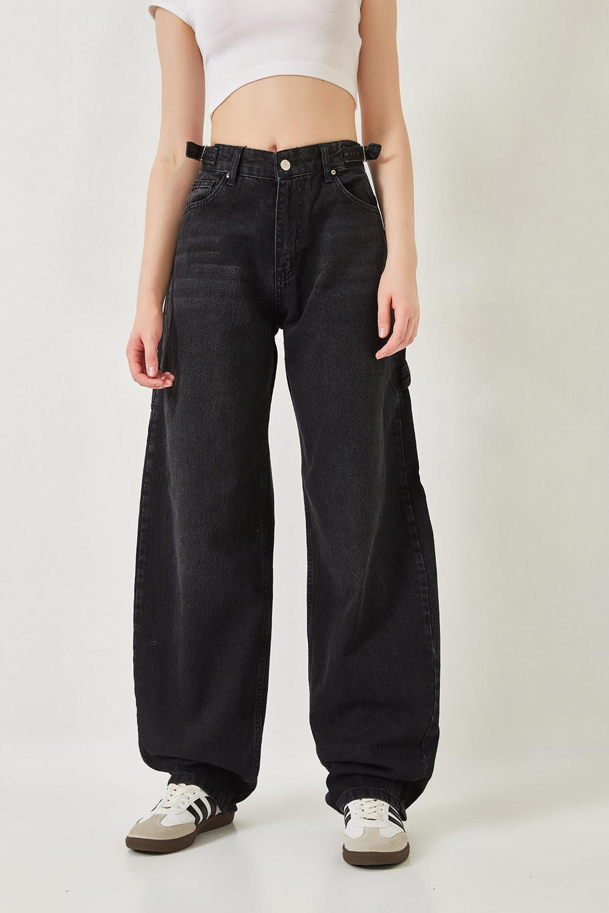 Kadın Yan Apoletli Baggy Denim Pantolon 390-YKM 60261306 - Siyah