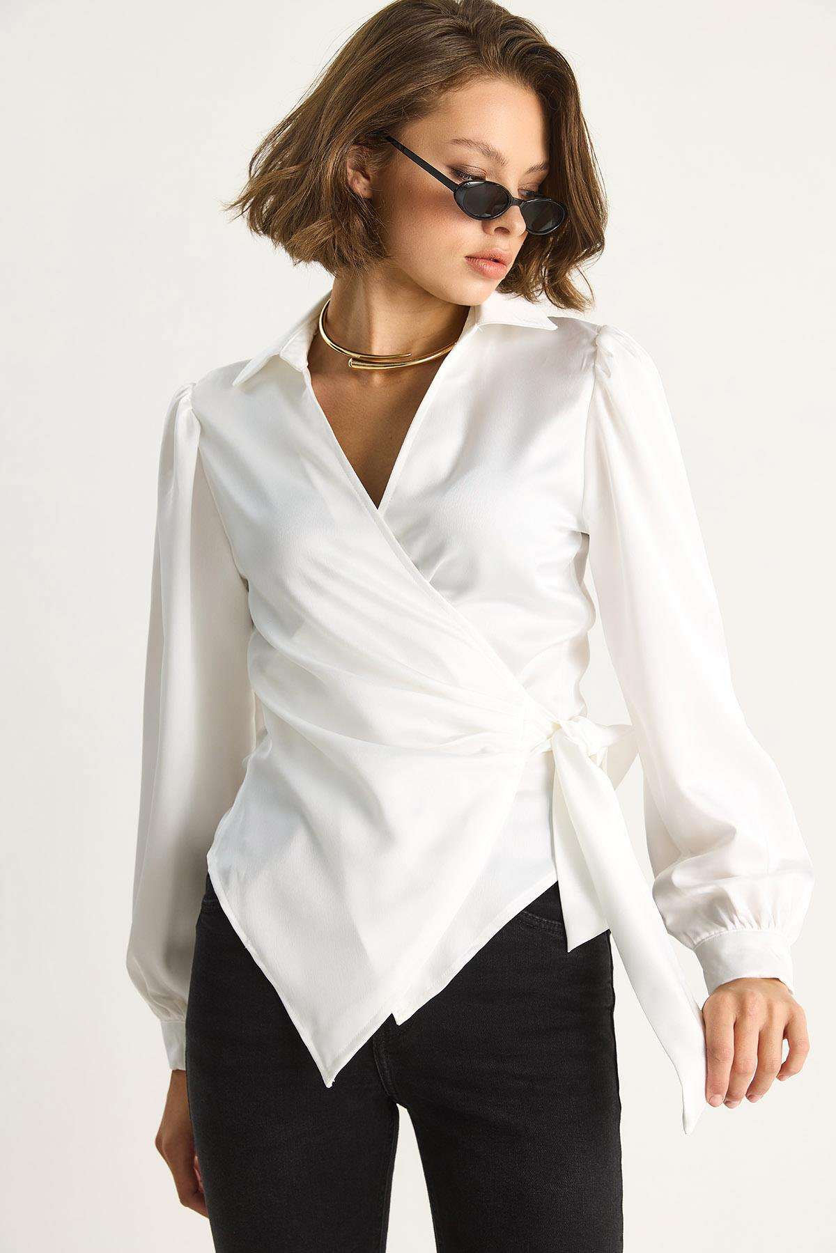 Yandan Baglamalı Saten Bluz 2134 60284079 - Beyaz BLUZ modelleri