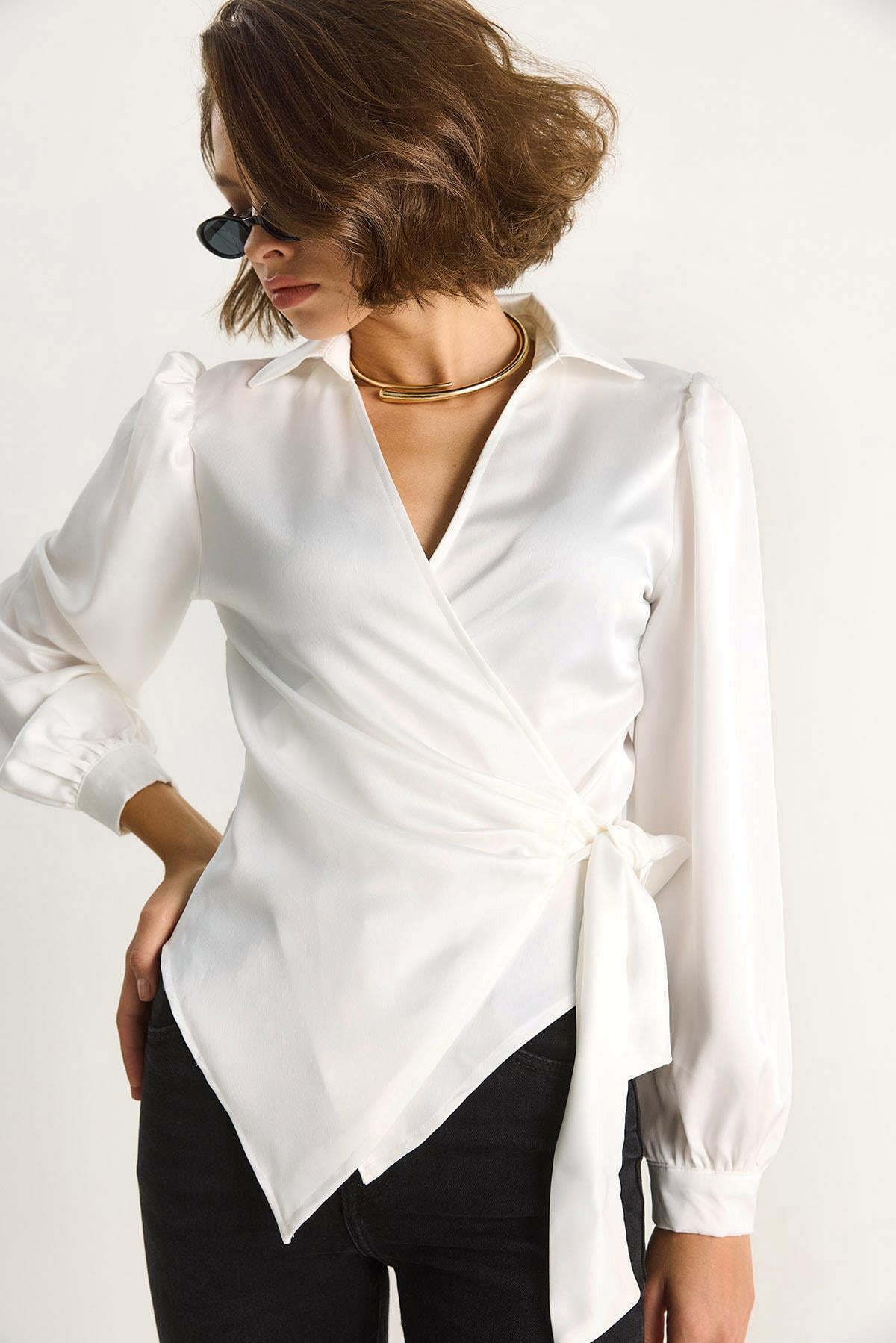 Yandan Baglamalı Saten Bluz 2134 60284079 - Beyaz BLUZ modelleri