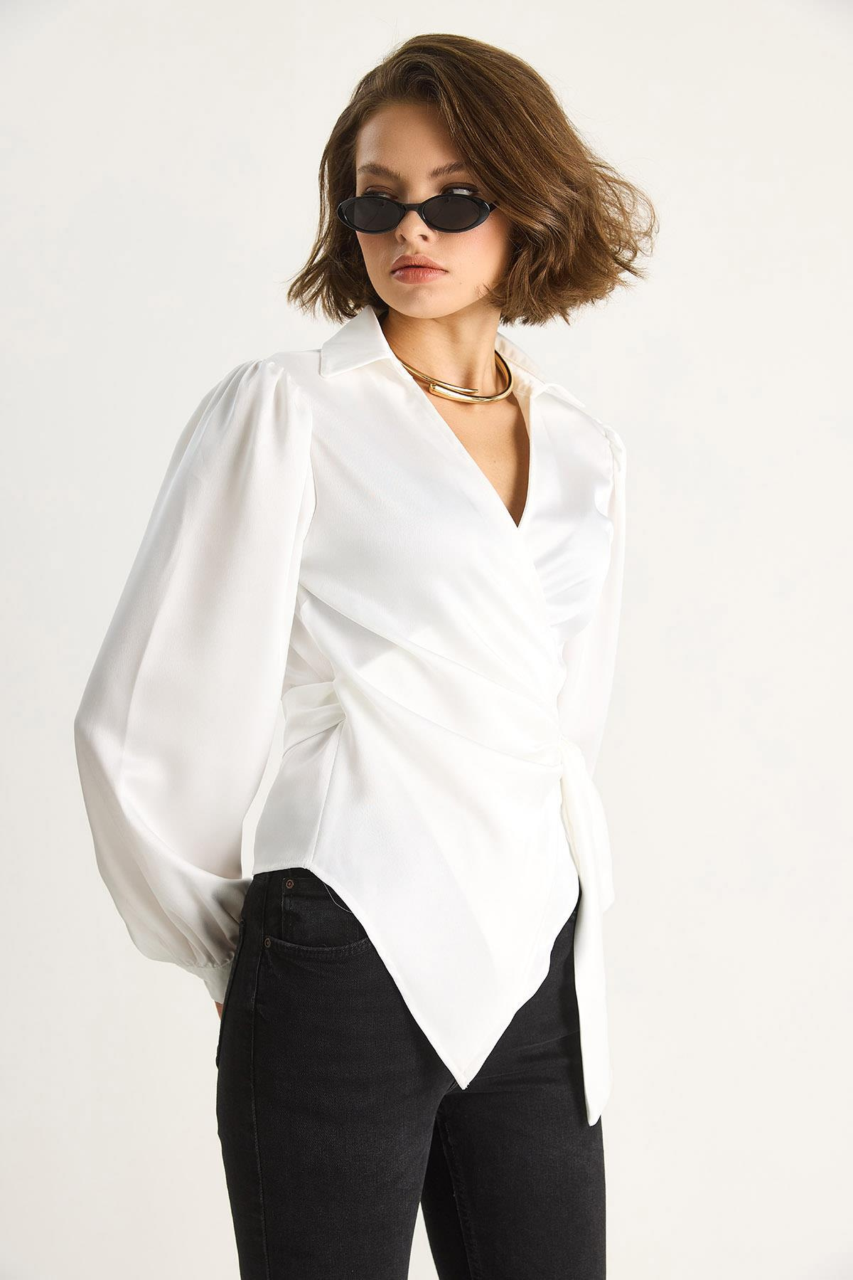 Yandan Baglamalı Saten Bluz 2134 60284079 - Beyaz BLUZ modelleri