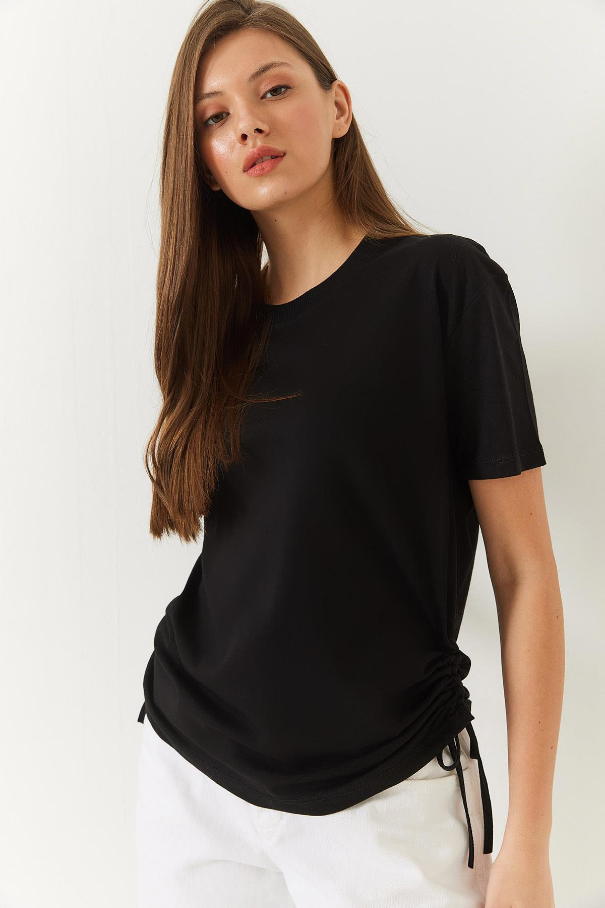 Yanları Büzgülü Basic Basic Tshirt 60602003 - Siyah