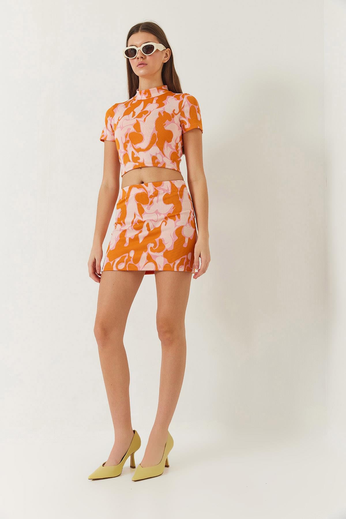 Yarım Balıkçı Kısa Kollu Crop Mini Etekli Alt-Üst Takım 60261373 - Orange-Pudra