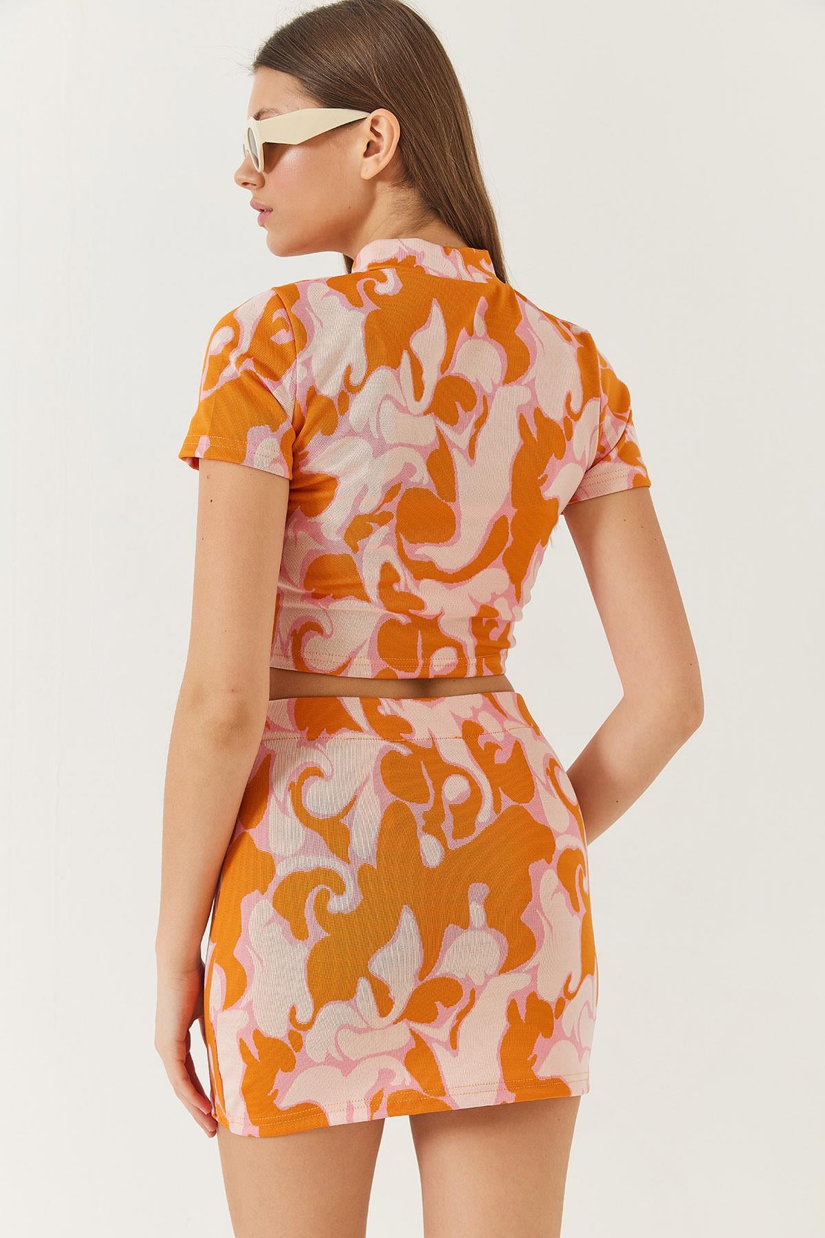 Yarım Balıkçı Kısa Kollu Crop Mini Etekli Alt-Üst Takım 60261373 - Orange-Pudra