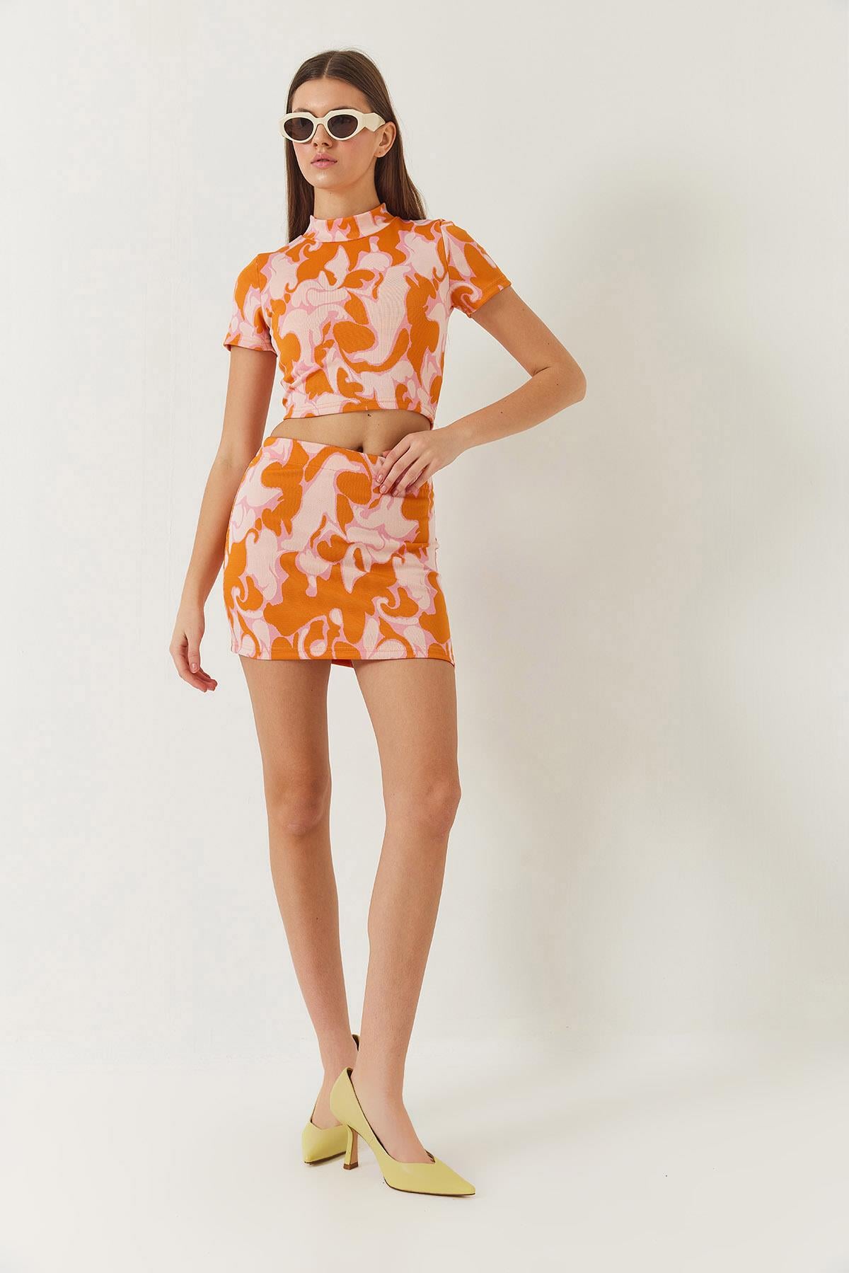 Yarım Balıkçı Kısa Kollu Crop Mini Etekli Alt-Üst Takım 60261373 - Orange-Pudra