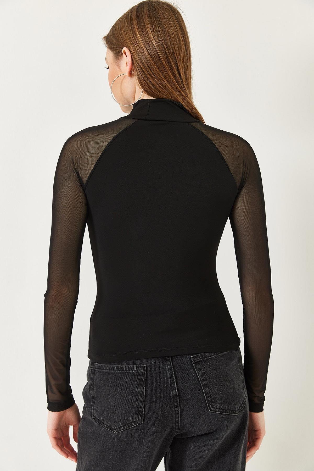 Yarım Balıkçı Yaka Tül Detaylı Sandy Kumaş Bluz 7187 60261335 - Siyah