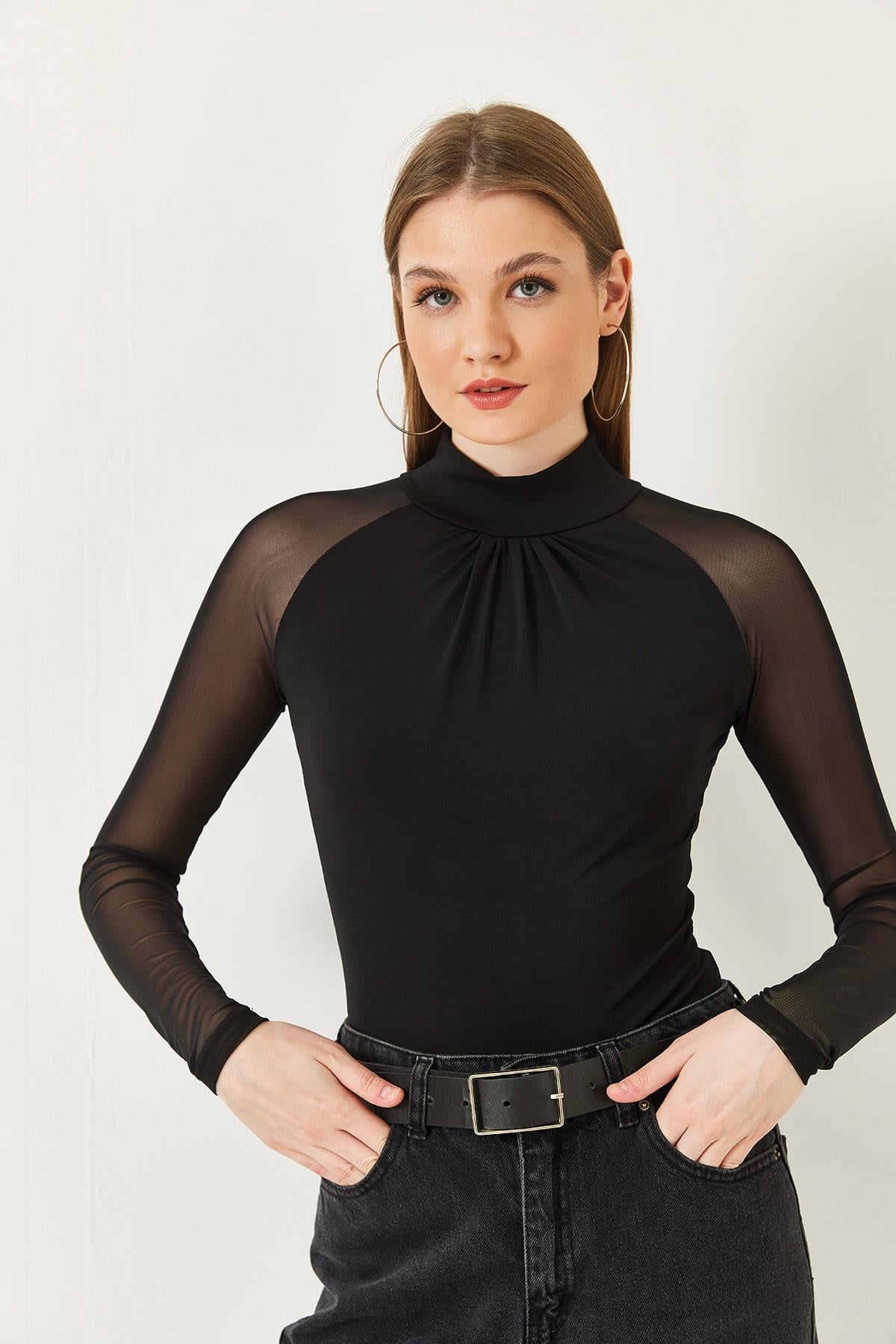 Yarım Balıkçı Yaka Tül Detaylı Sandy Kumaş Bluz 7187 60261335 - Siyah