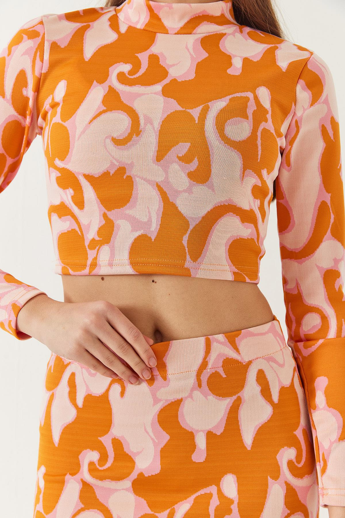 Yarım Balıkçı Yaka Uzun Kollu Crop Mini Etekli Alt-Üst Takım 60261384 - Orange-Pudra