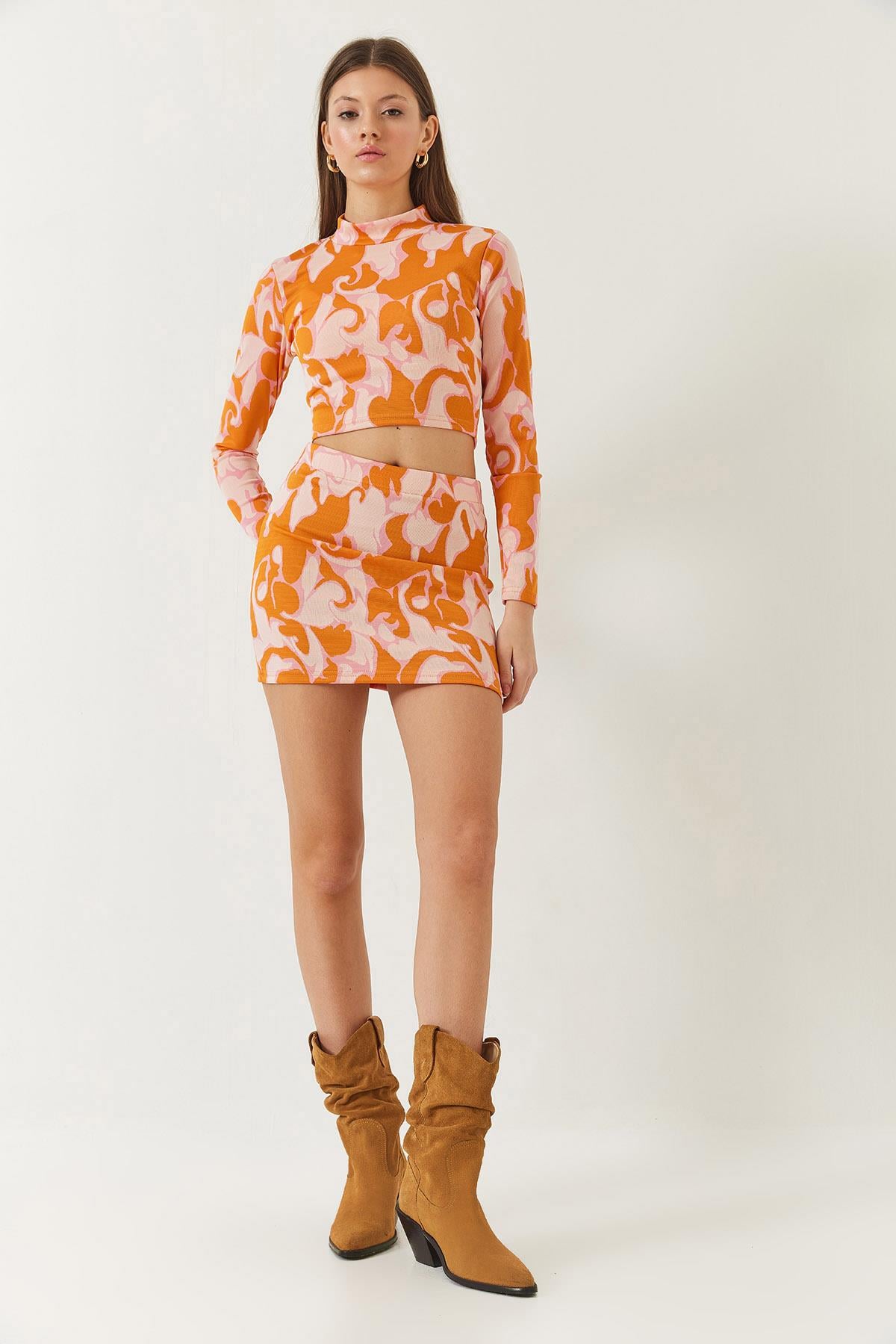 Yarım Balıkçı Yaka Uzun Kollu Crop Mini Etekli Alt-Üst Takım 60261384 - Orange-Pudra