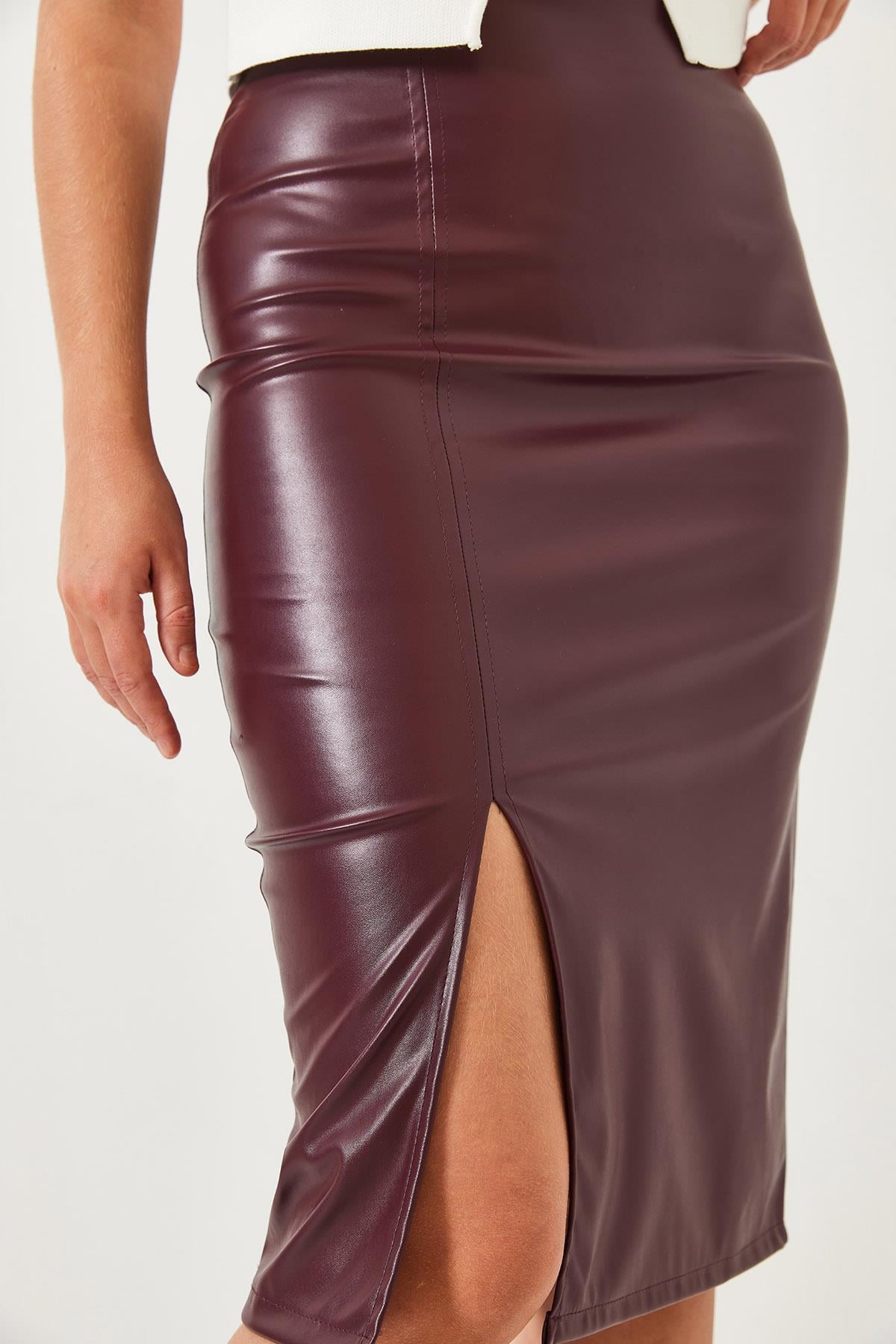 Yırtmaçlı Deri Kalem Etek 60261199 - Bordo