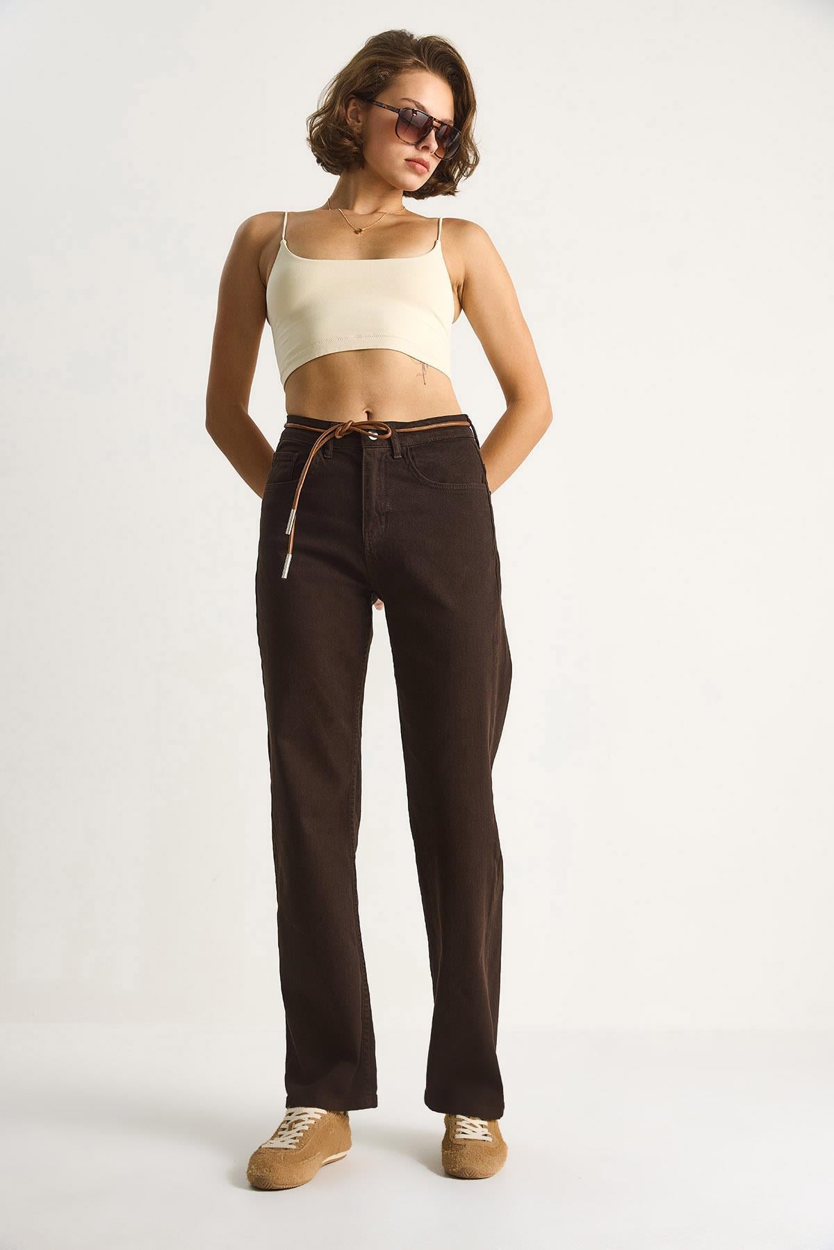 Yüksek Bel Denim Pantolon 5294  60284086 - Kahve PANTOLON modelleri