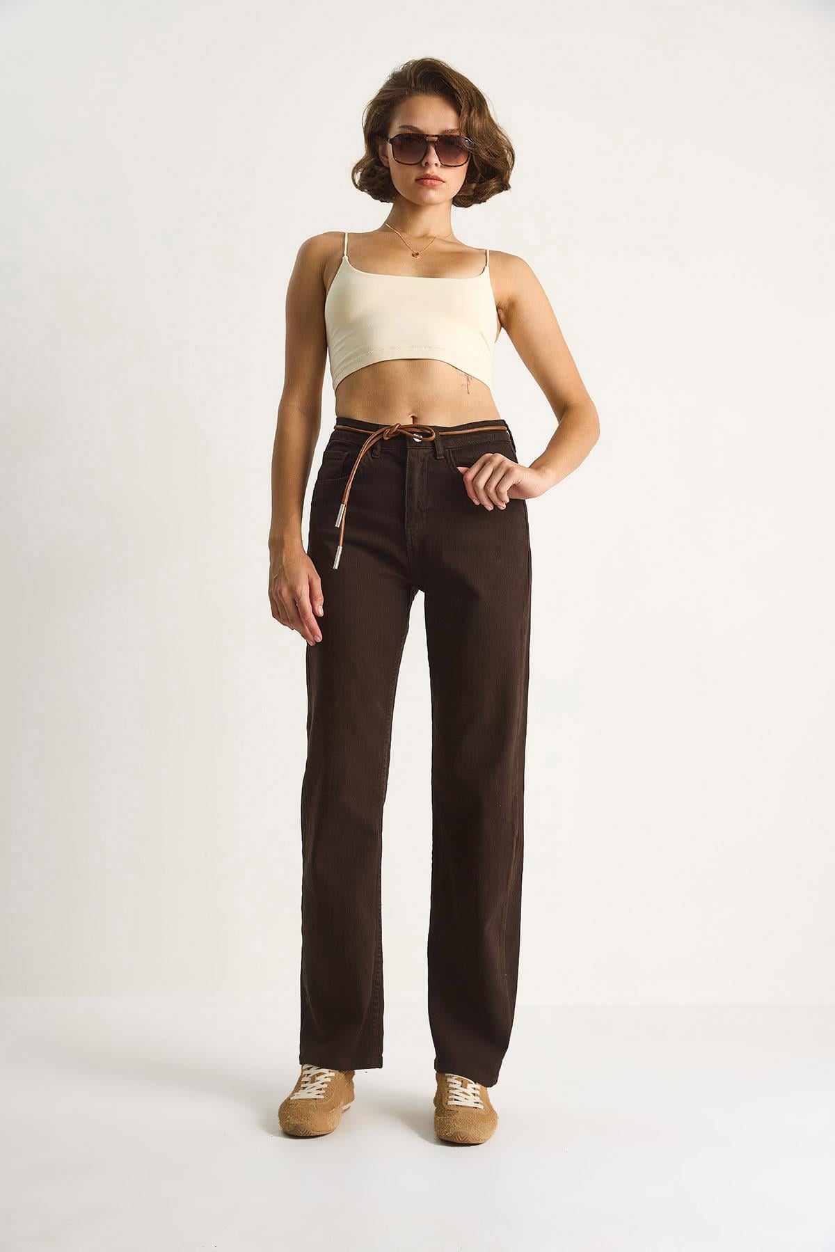 Yüksek Bel Denim Pantolon 5294  60284086 - Kahve PANTOLON modelleri