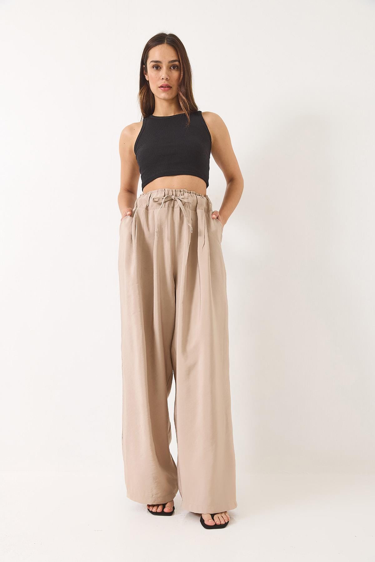 Yüksek Bel Geniş Lastikli Oversize Palazzo Pantolon 80165 60271071 - Taş