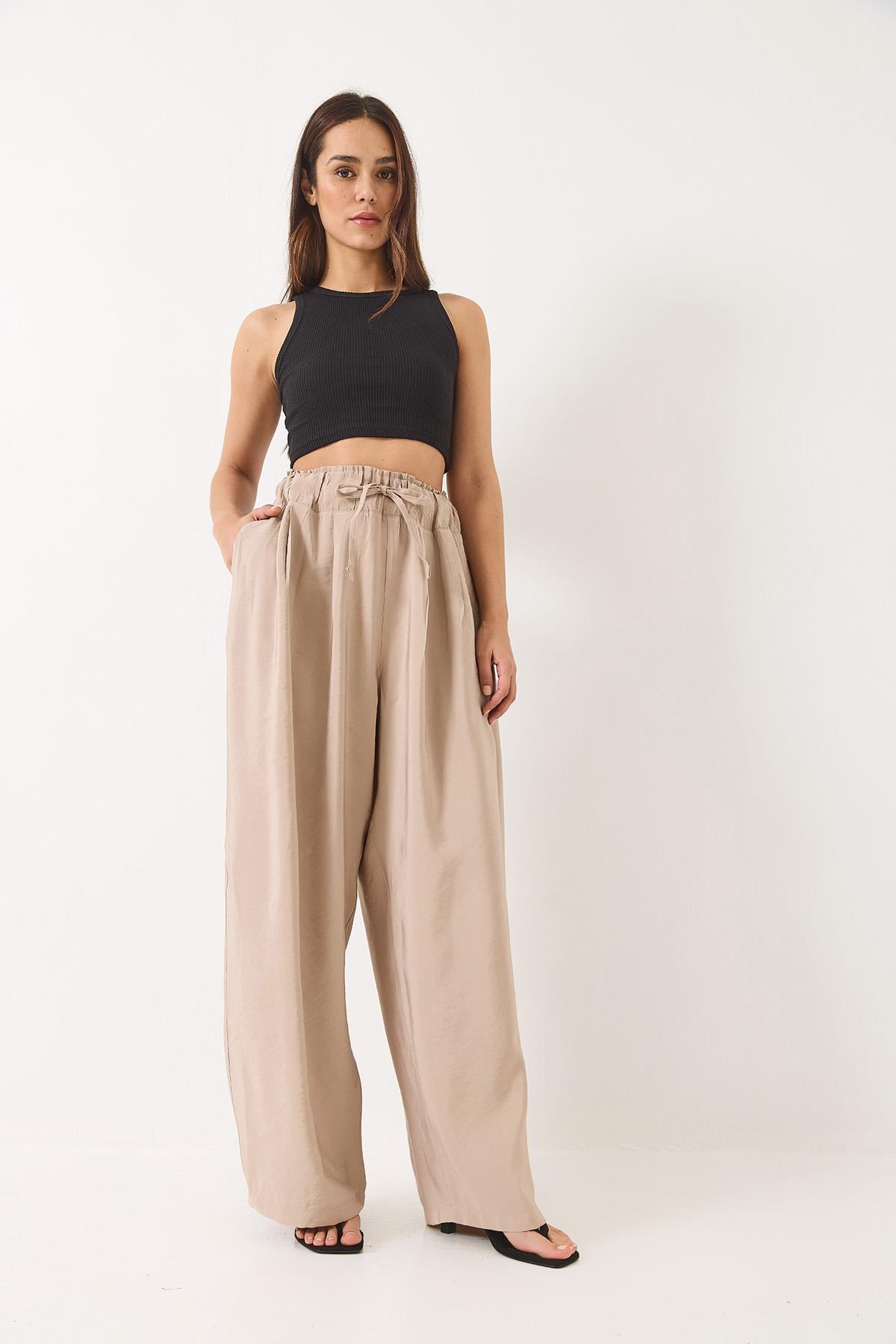 Yüksek Bel Geniş Lastikli Oversize Palazzo Pantolon 80165 60271071 - Taş