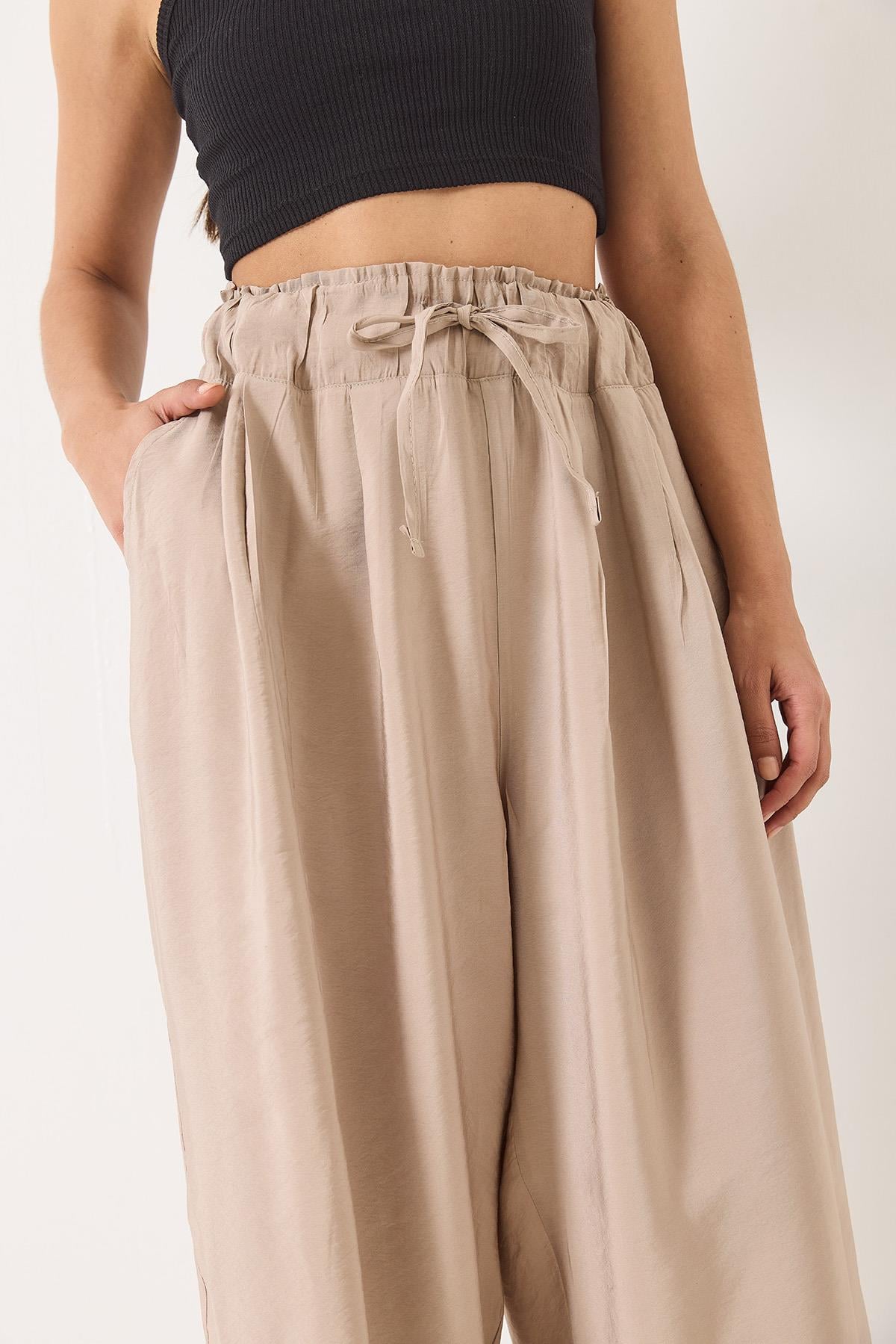 Yüksek Bel Geniş Lastikli Oversize Palazzo Pantolon 80165 60271071 - Taş