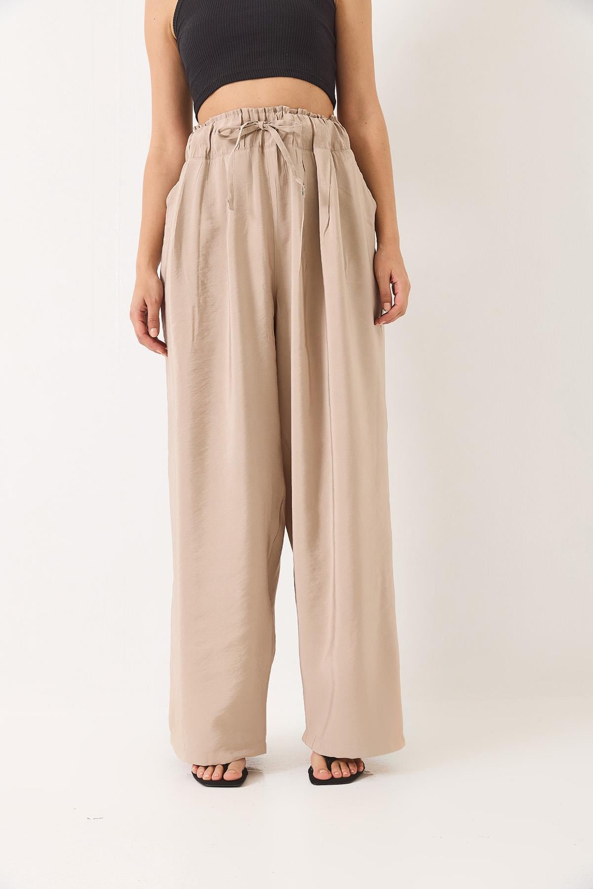 Yüksek Bel Geniş Lastikli Oversize Palazzo Pantolon 80165 60271071 - Taş