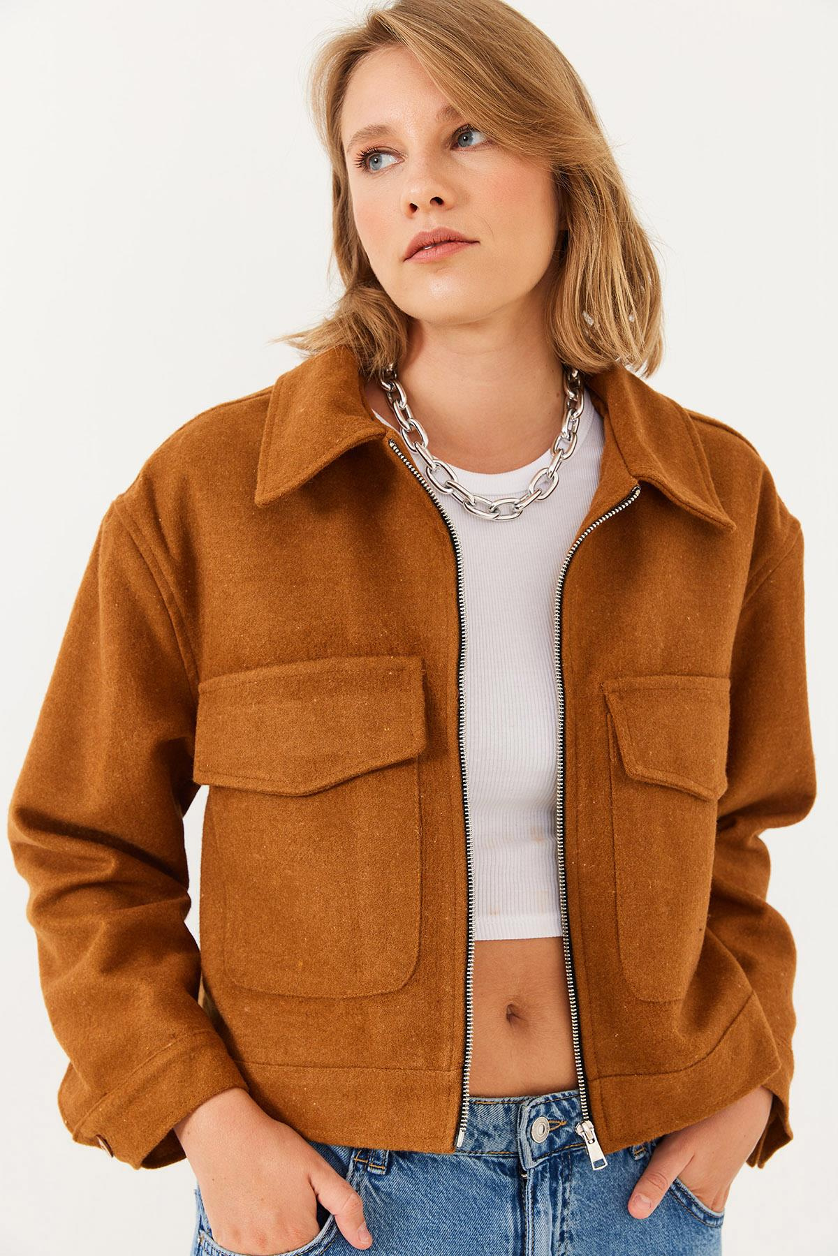 Yumuşak Kaşe Crop Ceket MBMS013 60501013 - Taba