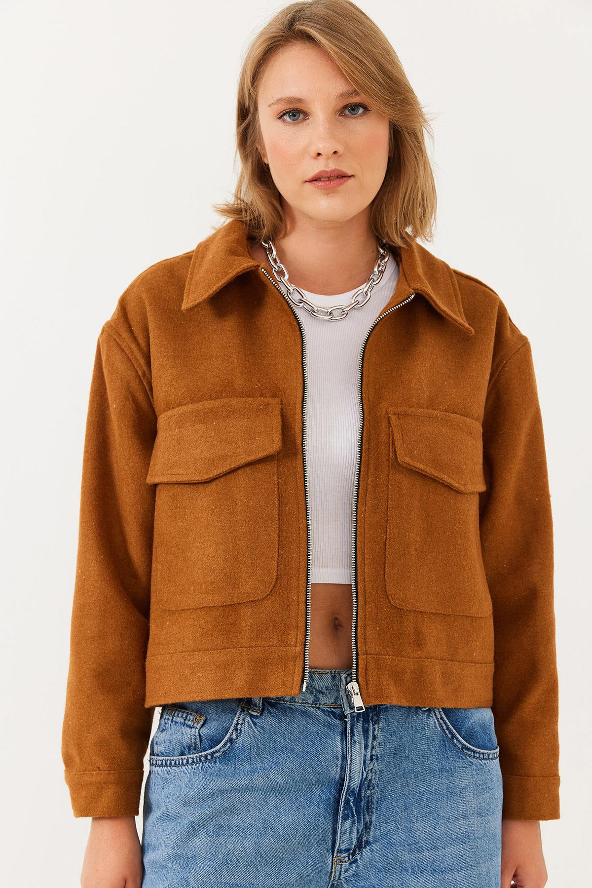 Yumuşak Kaşe Crop Ceket MBMS013 60501013 - Taba
