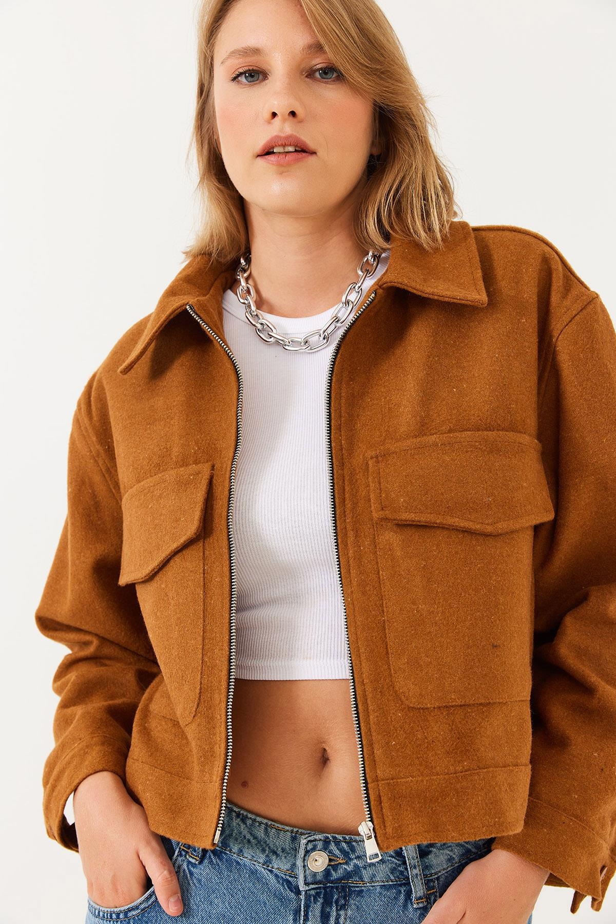 Yumuşak Kaşe Crop Ceket MBMS013 60501013 - Taba