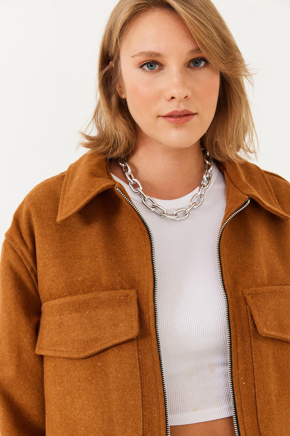 Yumuşak Kaşe Crop Ceket MBMS013 60501013 - Taba