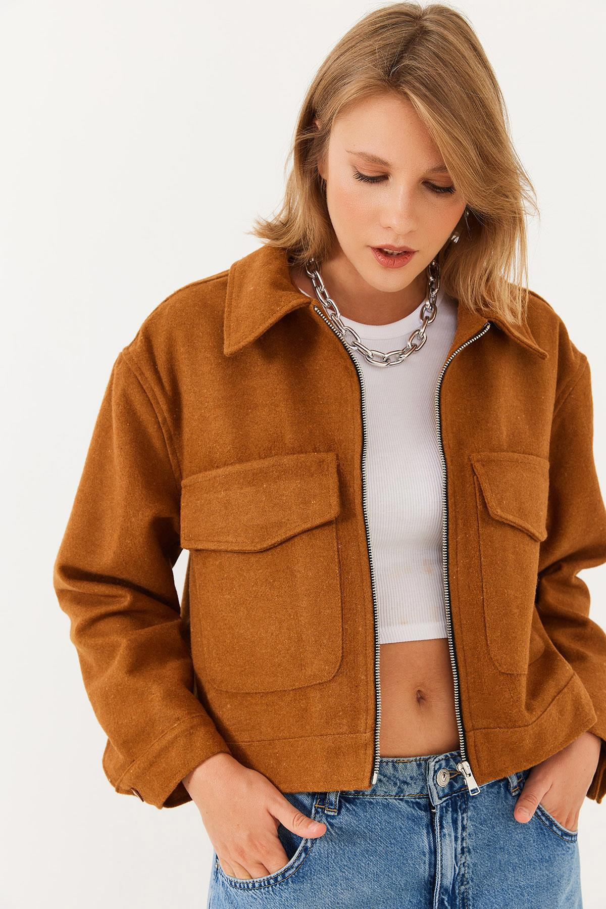 Yumuşak Kaşe Crop Ceket MBMS013 60501013 - Taba