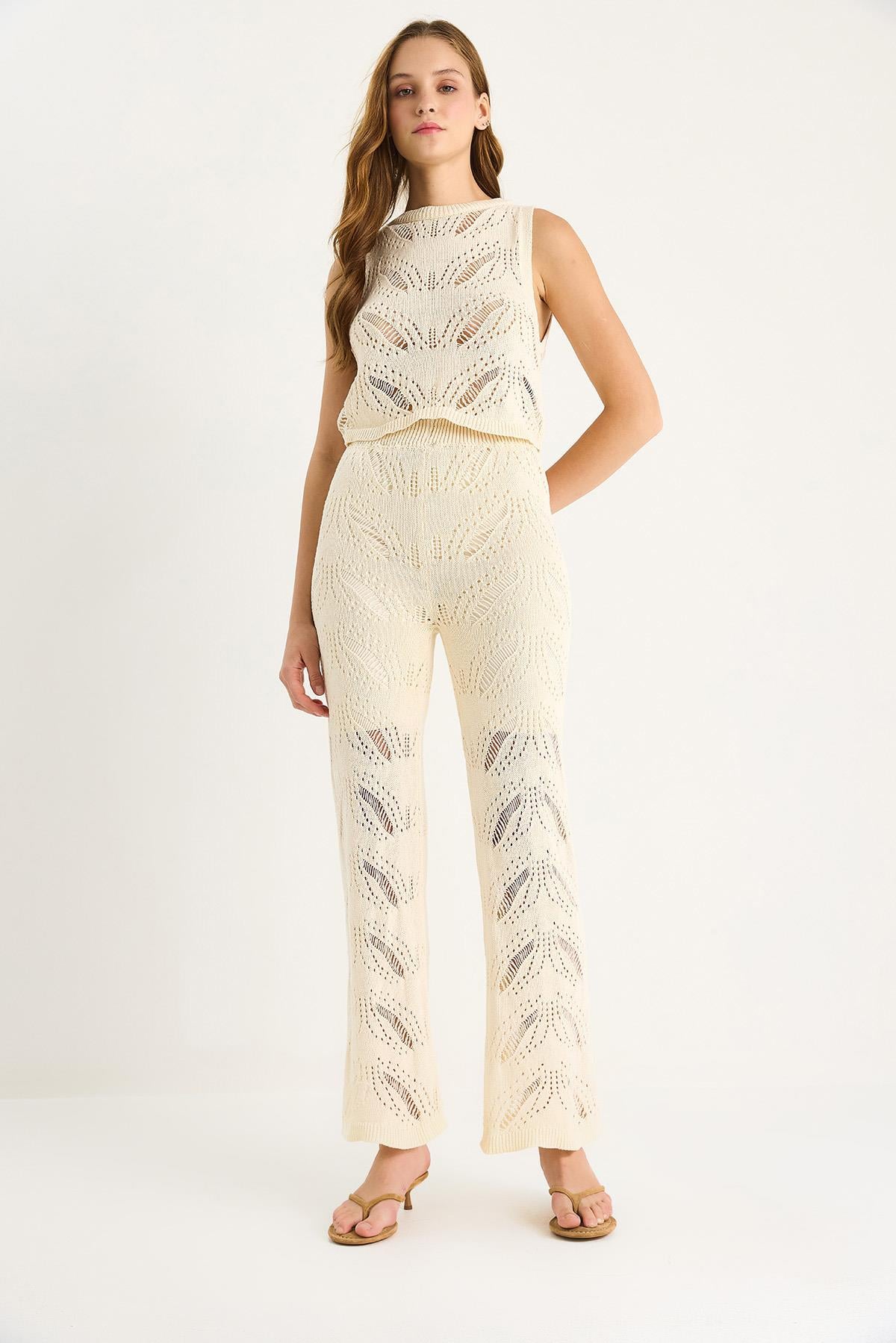 Zigzag Desenli Crop Bluz Yüksel Bel Bol Pantolon Alt-Üst Takım 20258011 - Ekru