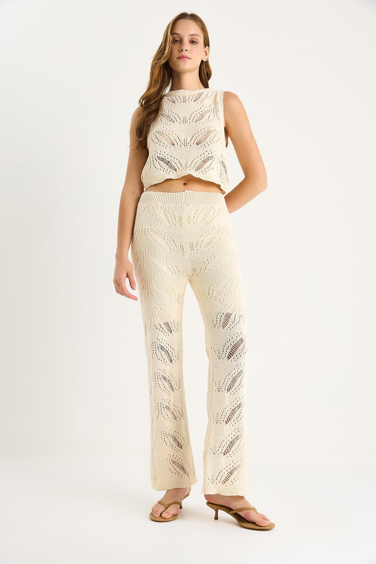 Zigzag Desenli Crop Bluz Yüksel Bel Bol Pantolon Alt-Üst Takım 20258011 - Ekru