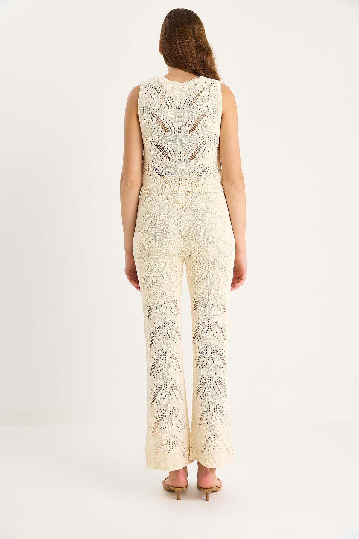 Zigzag Desenli Crop Bluz Yüksel Bel Bol Pantolon Alt-Üst Takım 20258011 - Ekru