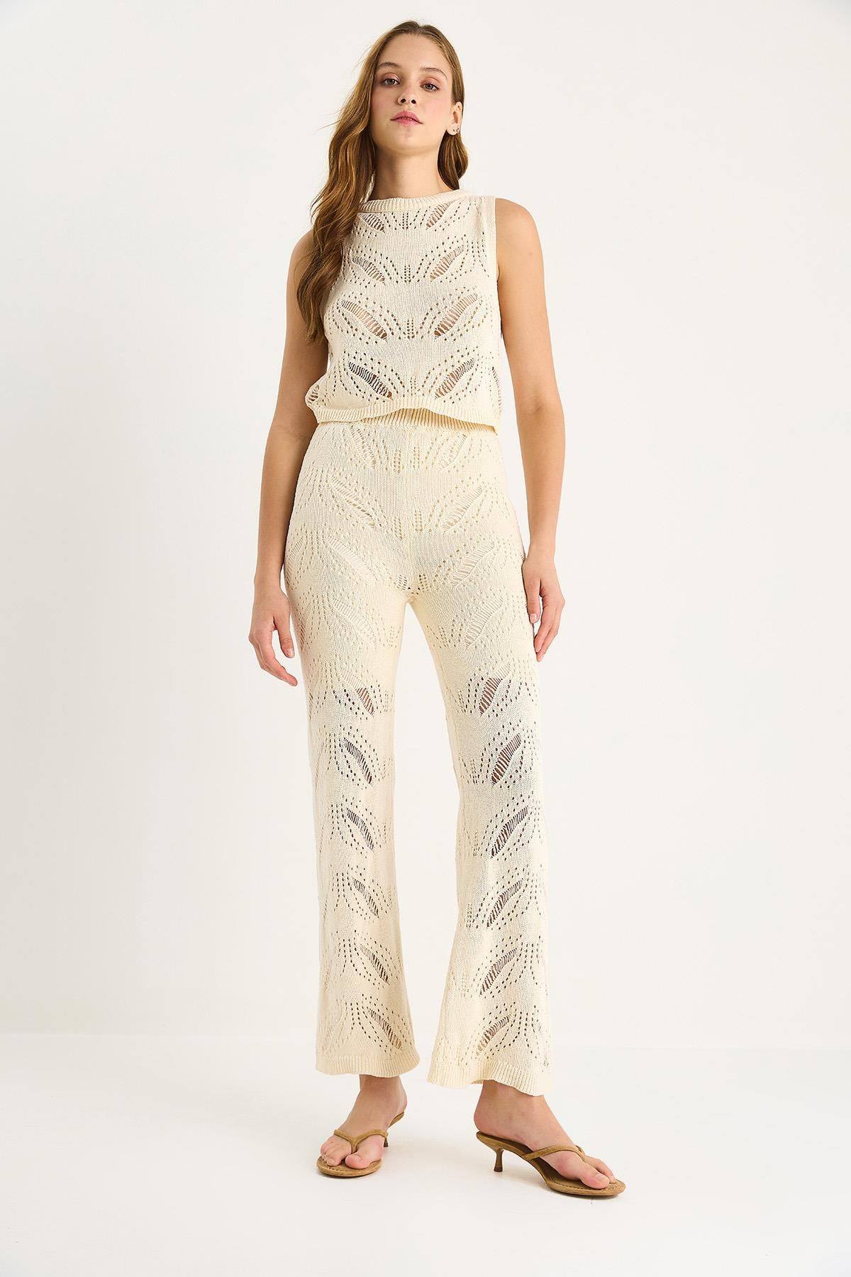 Zigzag Desenli Crop Bluz Yüksel Bel Bol Pantolon Alt-Üst Takım 20258011 - Ekru