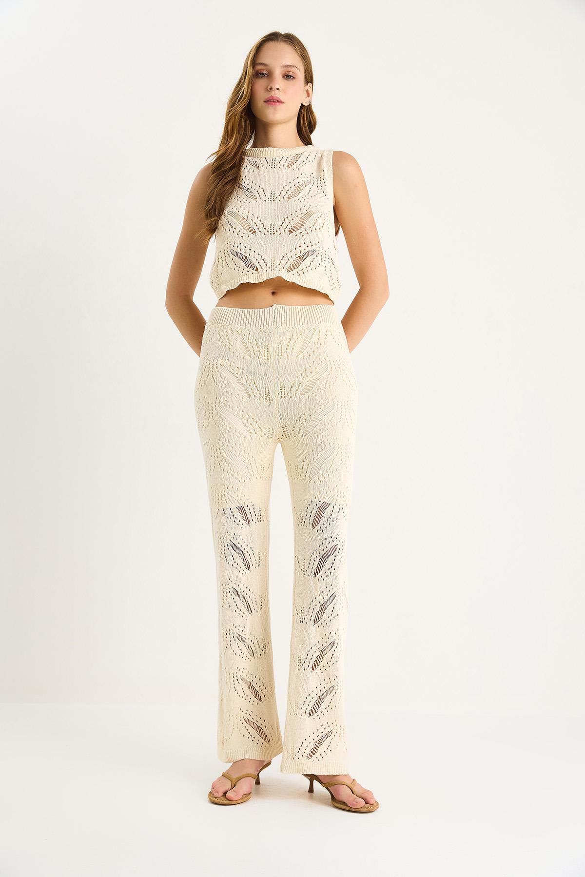 Zigzag Desenli Crop Bluz Yüksel Bel Bol Pantolon Alt-Üst Takım 20258011 - Ekru