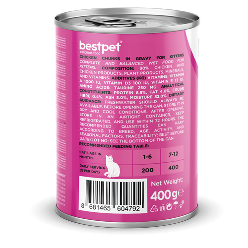 Bestpet Yavru Kediler İçin, Taze Tavuk Parça Etli Ve Soslu Yaş Mama 400 gr