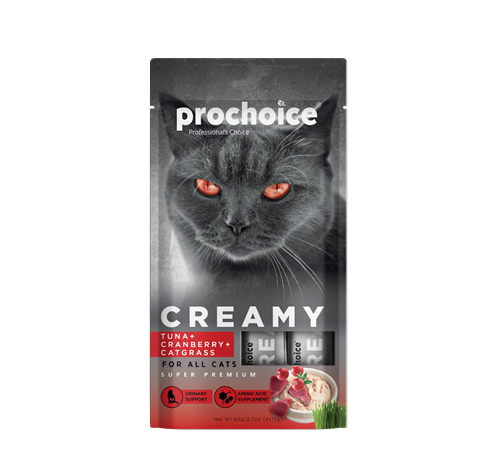 Prochoice Creamy Kediler İçin Tuna Balığı, Kızılcık ve Kedi Otlu Sıvı Ödül Maması 4x15 gr