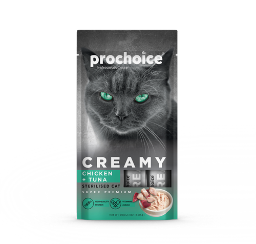 Prochoice Creamy Kısırlaştırılmış Kediler İçin Tavuklu ve Tuna Balıklı Sıvı Ödül Maması 4x15 gr