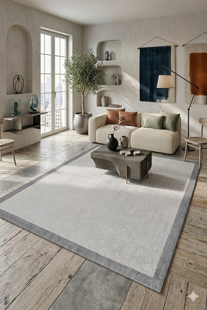 Çerçeve Detaylı Krem-Gri Yumuşak Sisal Halı