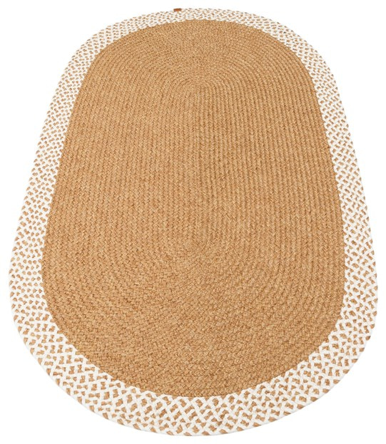 Çift Taraflı Havsız Jüt Görünümlü Bordürlü Patna Serisi Oval Hasır Örgü Halı Natural White