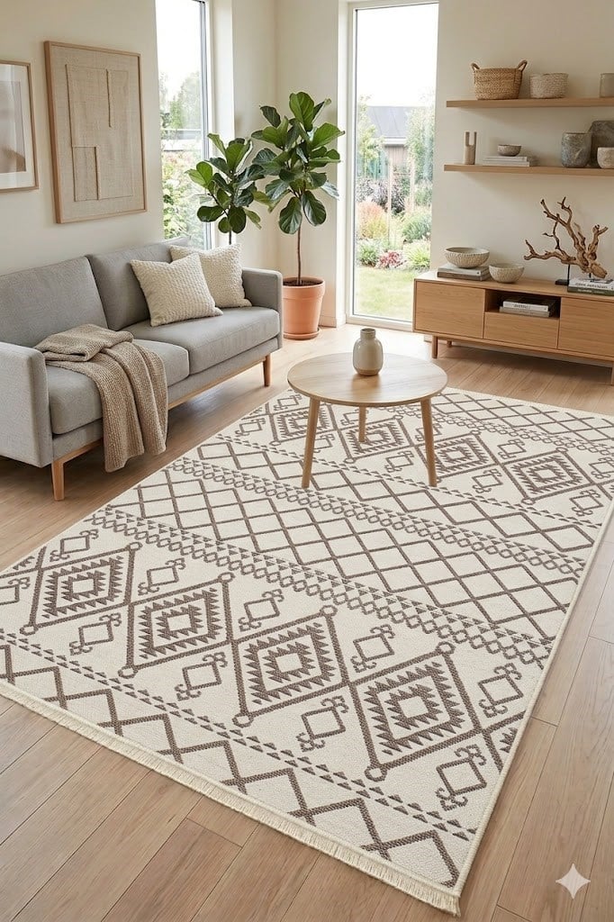 GarMakinede Yıkanabilir Kaymaz Taban Antialerjik İskandinav Desenli Kilim Serisi Garden Krem