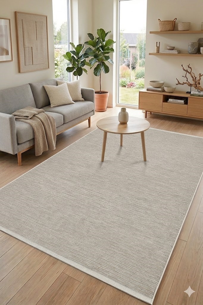 Makinede Yıkanabilir Kaymaz Taban Antialerjik Kilim Serisi Çizgi Bej