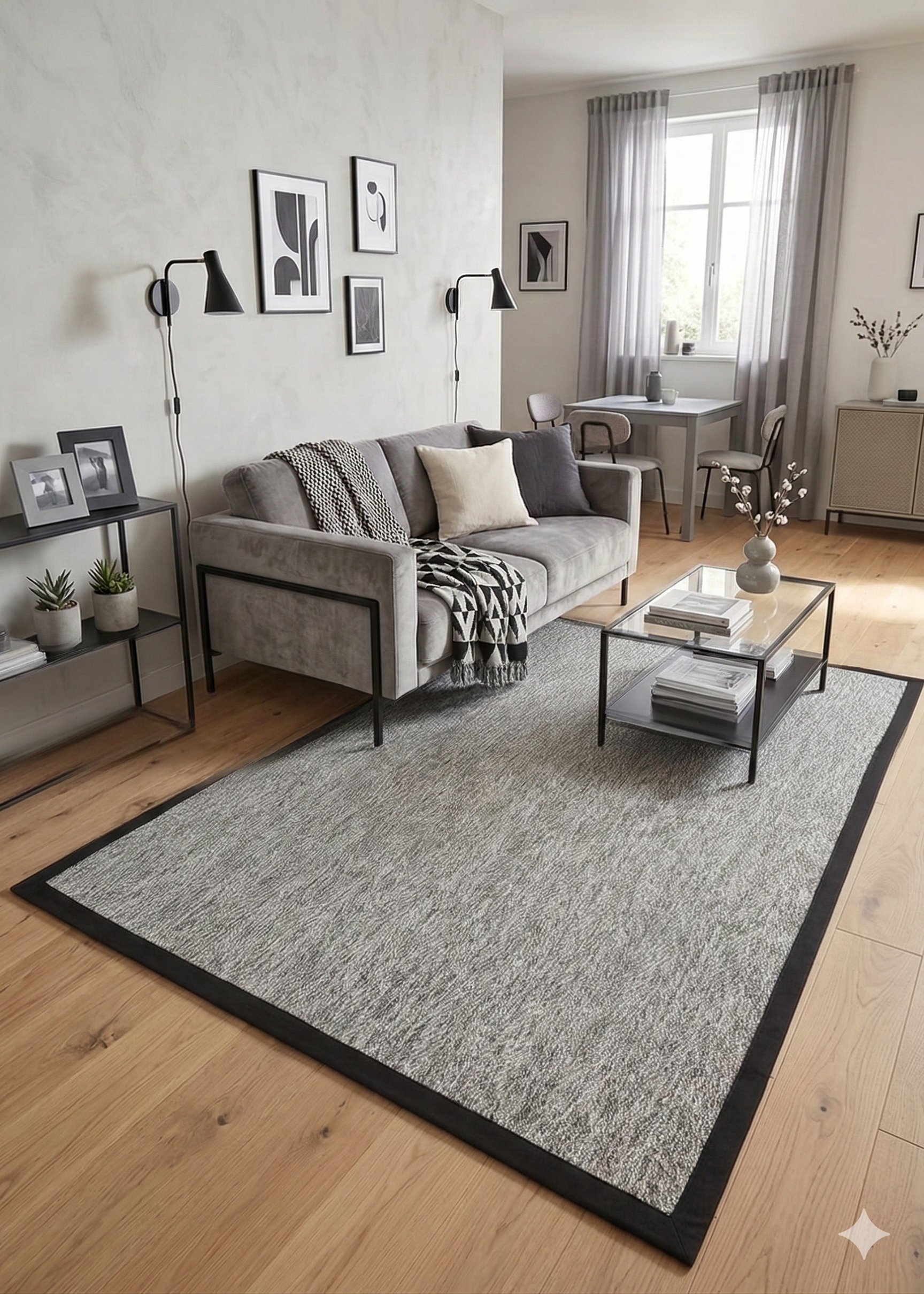 Modern Tasarımlı  Sisal Balık Sırtı Gri Dokuma Siyah Kumaş Bordür Halı vnt 2704